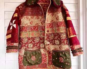 Long Mushroom Quilt Coat, Quilt coat, Patchwork, Wine coat, red, warm coat, Button up coat, bust 50”, front pockets, coat, jacket