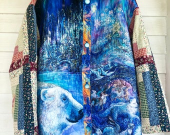 Polar Creatures Quilt Coat, Quilt Jacket, Patchwork, blue coat, purple, star quilt, Button up coat, bust 48”, front pockets, coat, jacket