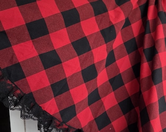 Medium-Large, Red Check circle skirt, full skirt, Circle Skirt, light skirt, women skirt, cottagecore, lace, elastic waist