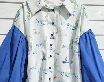 Blueberry Blouse, Balloon Sleeve, shirt, top, cotton top, shirt, blue, sleeves, cotton, mouse shirt, blouse, drop shoulder
