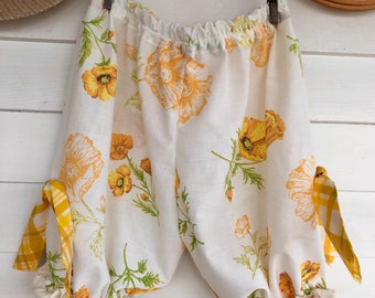 2X small yellow Poppy Bloomers, bloomers, shorts, yellow floral, knickers, cottagecore, elastic waist, yellow, lace bloomers, women