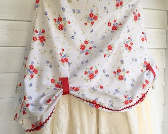 Medium/ large women white red poppy skirt, bustle skirt, Over Skirt, flowered skirt, cotton skirt, floral skirt, cottagecore