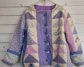XL Purple Quilt Coat, Quilt Jacket, pieced quilt, purple coat, quilt coat, triangles coat, blanket coat, pockets, coat, jacket, upcycled