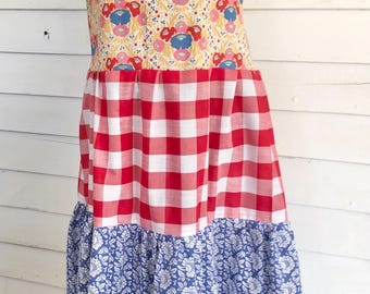 Vestido de verano con flores campestres, vestido con tirantes anudados, vestido de verano, vestido escalonado con bolsillos, vestido de verano azul, vestido, mujer, vestido de verano, cuadros