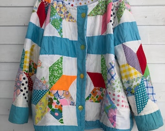 2XL Colourful Star patchwork Quilt Coat, Quilt Jacket, pieced quilt, colourful, quilt coat, blanket coat, pockets, coat, jacket