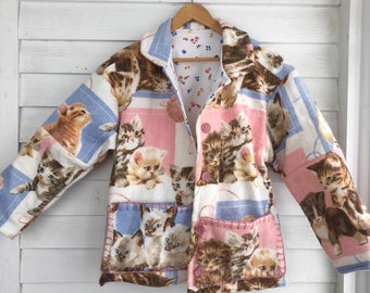 Small Pink Cat Coat, vintage blanket Jacket, blanket coat, pastel coat, coat with  pockets, Button up coat, bust 23, cat coat, kitten