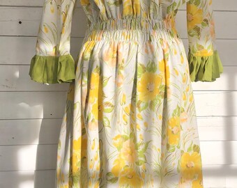 Yellow Primrose Dress, one size fits most, summer dress, yellow floral dress, green, yellow elastic, dress, women dress, small, medium, larg