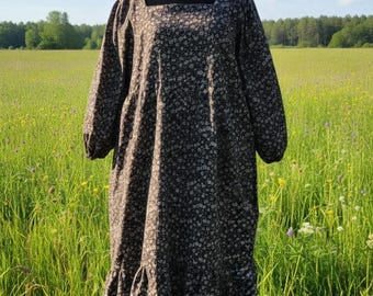 Coffee Dress, summer dress, cotton dress, brown dress, floral dress, women dress, medium to large, square neck, puffy sleeves