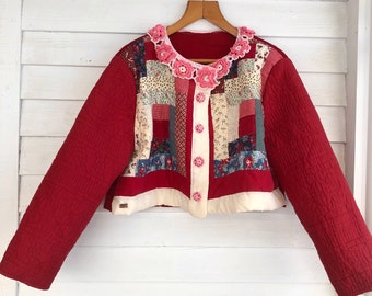 crochet collar Cropped Quilt Coat, Red Log Cabin Quilt Jacket, Patchwork, Short coat, , bolero coat, quilt jacket, pink, quilt coat, coat
