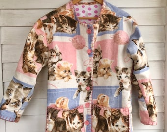 X Small Pink Cat Coat, vintage blanket Jacket, blanket coat, pastel coat, coat with  pockets, Button up coat, bust 21, petite, Junior, cat