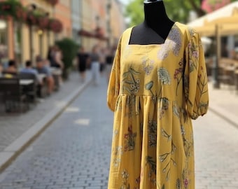 Sunshine Dress, summer dress, cotton dress, yellow dress, floral dress, women dress, size large, square neck, puffy short sleeves
