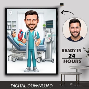 Caricatura de médico de corazón masculino personalizada, caricatura de médico masculino para foto, regalo de Navidad para médico, retrato de médico digital, regalo divertido de caricatura de médico
