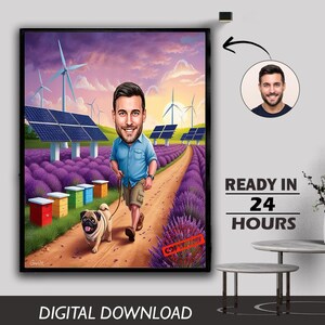 Man Walking Jogging Enjoying in Park Men and Dog Pet Walk in Park Portrait Caricature Design Birthday Gift Photo to Cartoon Digital Download