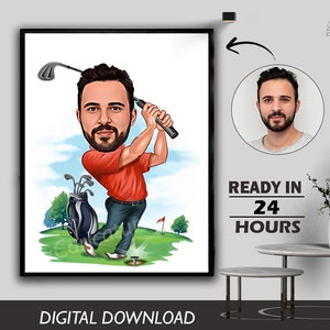 Golfer cadeau, golfer karikatuur van foto, grappige golfer tekening kunst, grappige golfer digitaal portret, golfer cartoon tekening, mannen golf cadeau
