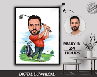 Golfer Gift, Golfer Caricature from Photo, Funny Golfer Drawing Art, Funny Golfer Digital Portrait, Golfer Cartoon Drawing, Men Golf Gift