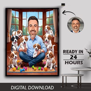 Custom Boys Male Pet Lover Dogs Puppy Caricature Cartoon illustration doodle sketch drawing portrait stylized Photo Cartoon Digital Download