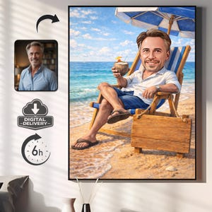 Retrato de caricatura de playa personalizado, arte vacacional personalizado (descarga digital)