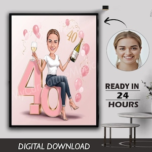 Custom 40th Birthday Caricature Gift Personalized Illustration Unique Milestone Celebration Fun & Memorable Keepsake can Create for any age