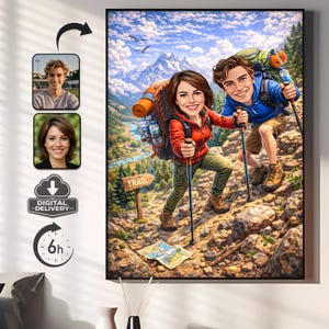 May include: A framed digital art print depicts a couple hiking up a mountain trail. The artwork features a vibrant landscape with a trail sign, map, and snow-capped mountains in the background. The couple is wearing hiking gear and carrying backpacks.