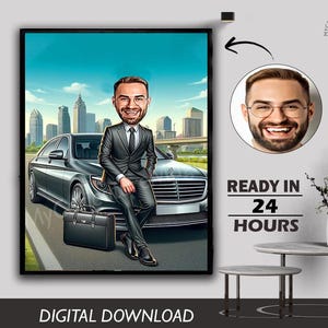 Male Boss Business Man with Luxury Car Caricature Personalized Executive Portrait Gift for him Success Celebration Men Luxury Lifestyle Art