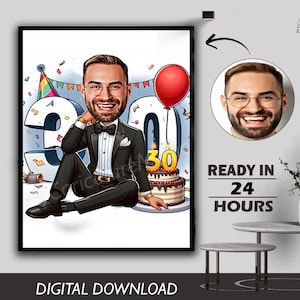 30e verjaardag mannelijke jongens karikatuur cadeau custom gepersonaliseerde unieke mijlpaalviering leuk en digitaal downloaden kan foto maken voor elke leeftijd
