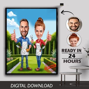 Aangepaste paar partners tuinieren karikatuur planten tuinman liefde man vrouw cadeau foto cartoon digitale download portret verjaardagscadeau