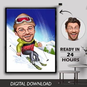Personalized funny face caricature riding on snow photo to cartoon couple caricature happy faces caricture