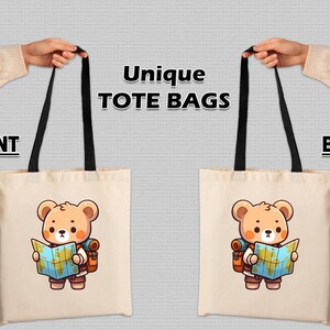 Adorable bolso de mano con diseño de oso explorador, bonito mapa de senderismo, regalo para campistas, amantes de la naturaleza y aventuras.