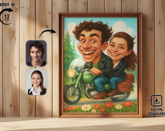 Custom Couple Caricature Portrait | Motorcycle Art, Anniversary Gift (Digital Download)