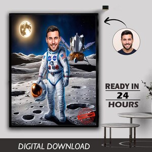 Caricatura de astronauta masculino personalizada, retrato de astronauta, viajero espacial, nebulosa orbital, arte astrolunar, regalo de cumpleaños, descarga digital