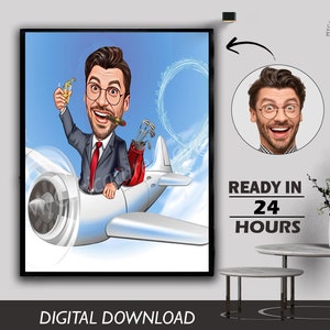 Caricatura personalizzata di pilota di aereo, aviatore, operatore di aeromobili, capitano, ritratto fotografico in cartone animato, regalo di compleanno per piloti, download digitale