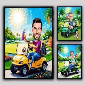 Custom Portrait of Golfer Gift Photo to Cartoon Caricature Golf Player Golf Cart Cartoon Golf Course Players Birthday Gift Digital Download