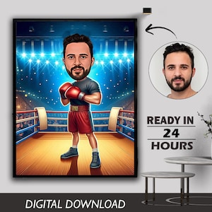 Personalized Caricature Bespoke Boxer Muscleman Caricature Gift Unique cartoon art featuring a boxer battling a muscleman perfect for a fun