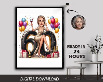 Custom 60th Birthday Caricature: Personalized Milestone Gift (Digital Download)