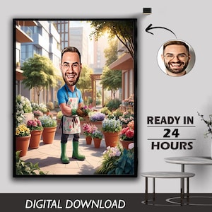 Caricatura de jardinero masculino personalizada, amante de las plantas, plantando flores, retrato de jardín con pulgar verde, dibujos animados inspirados en la naturaleza, foto digital