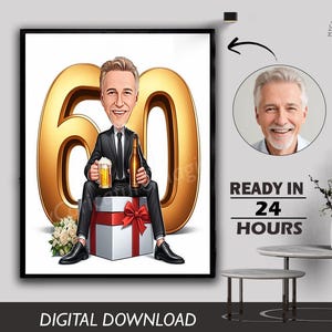 Mannelijke mannen 60e verjaardag karikatuur cadeau Gepersonaliseerd Unieke mijlpaalviering Leuk foto Cartoon kan maken voor elke leeftijd Digitale download