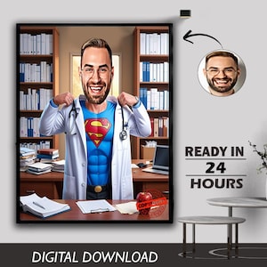 Caricatura personalizada de super-herói médico, arte com tema de médico, estrutura de personagem de super-herói, presente de aniversário de supercirurgião, download digital