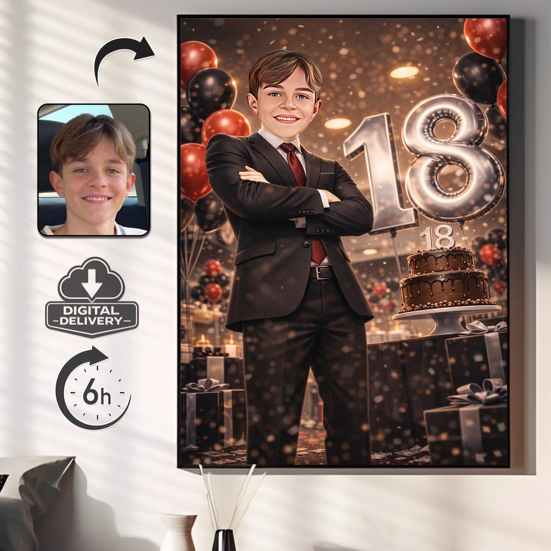Custom 18th Birthday Caricature Portrait, Personalized Boy Gift ...