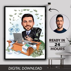 Personalized money man caricature art, rich man caricature art, Businessman Art, Big Boss Caricature, Fathers Day gift, Professional Present