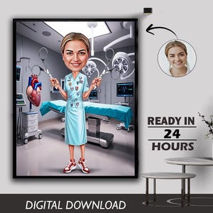 Custom Female Surgeon Caricature Ladies Doctor Operation tether staff Cartoon Portrait Photo to Cartoon Digital Download birthday Gift