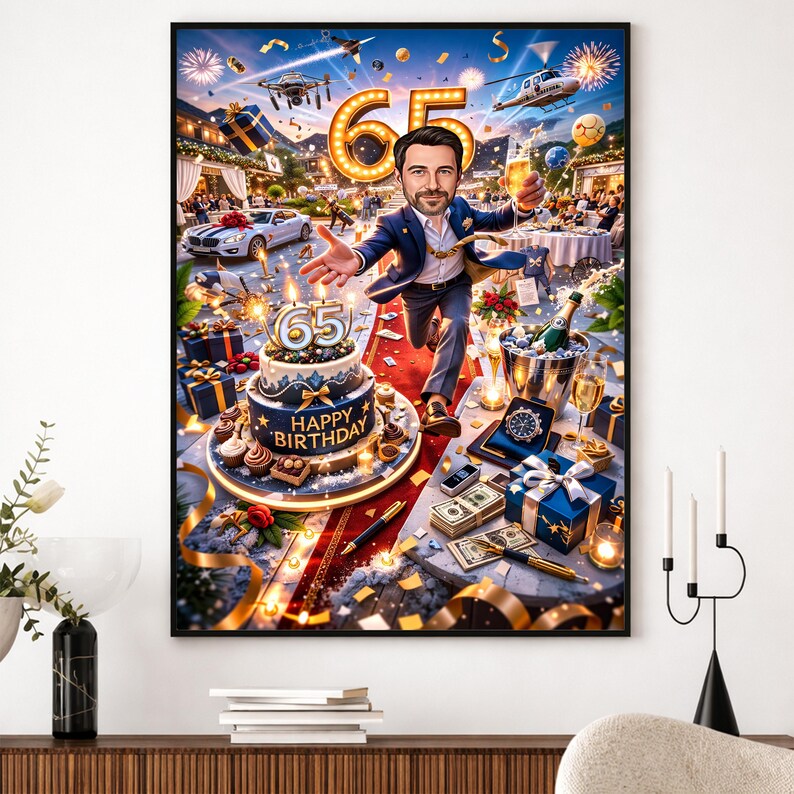 Custom 65th Birthday Caricature Portrait, Luxury Party Scene (digital ...