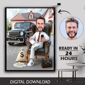 Custom Business Man with Luxury Car Caricature Personalized Old Model Car Portrait Gift for Him. Success Celebration, Luxury Lifestyle Art