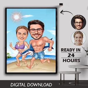 Couple On Beach Enjoying Portrait, Newly Married Couple, Couple Gift, Couple Caricature, Caricature from Photo, Birthday Gift Caricature