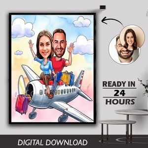 Male Female COUPLE CARICATURE Flying Aeroplane by Air Holiday Lover Cartoon Photo Adventurers Unique Decors Newly Couple Anniversary Gift