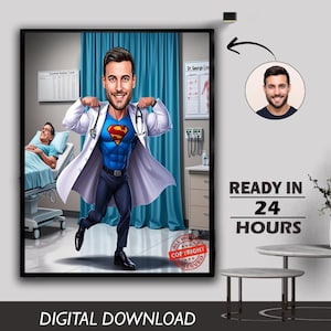 Caricatura personalizada de herói da saúde, arte com tema de médico, estrutura de personagem médico, presente de aniversário de supercirurgião, download digital