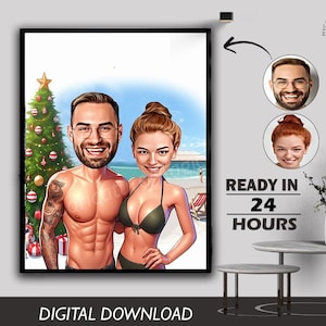 Custom Couple Caricature Portrait: Beach Theme, Partner Gift (Digital Download)