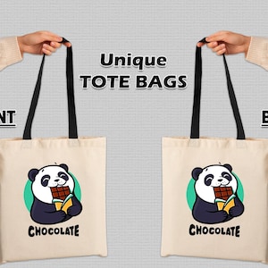 Bonita bolsa de lona ecológica reutilizable con diseño de panda, ideal como regalo para amantes de la comida, animales y estudiantes.