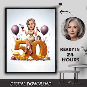 Female Ladies 50th Birthday Caricature Gift Unique Milestone Celebration Fun & Memorable Keepsake can Create for any age Digital Download