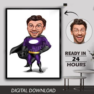 Caricatura personalizzata di un uomo divertente in piedi in posa libera Ritratto Foto in cartone animato Download digitale Caricatura Regalo di compleanno