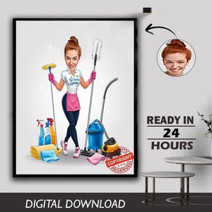 Caricatura personalizzata di addetta alle pulizie, caricatura di cartone animato, ritratto di addetta alle pulizie, regalo per donne, badante, operatrice sanitaria, foto di cartone animato, download digitale